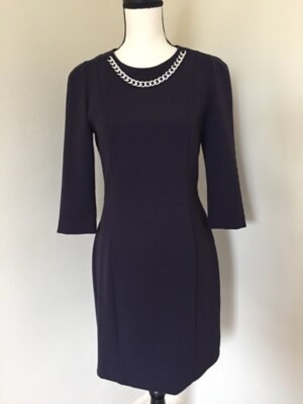 H&M Navy Blue Ponte Knit Sheath Silver Chain Necklace Size 8 Office Work Career